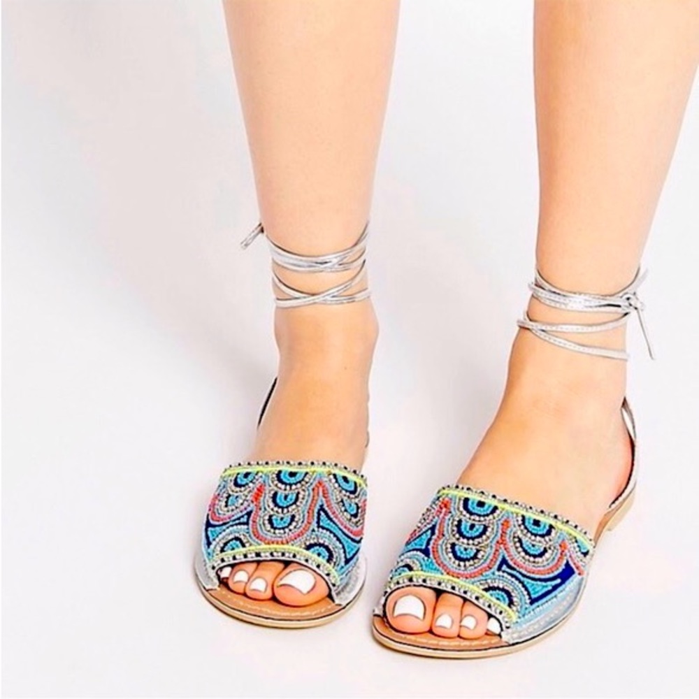ASOS Leather Beaded Silver Lace Up Wrap Sandals